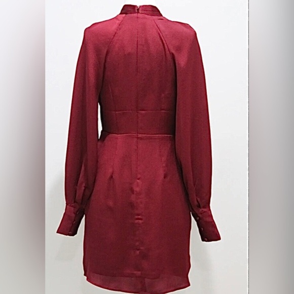 EXPRESS Burgundy Mock Neck textured satin look long Balloon Sleeve Dress size XS - Picture 3 of 10